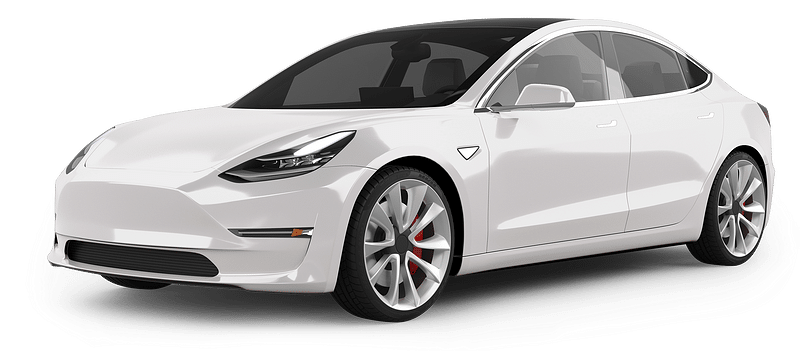 A white, modern electric car with sleek lines is parked on a white background.