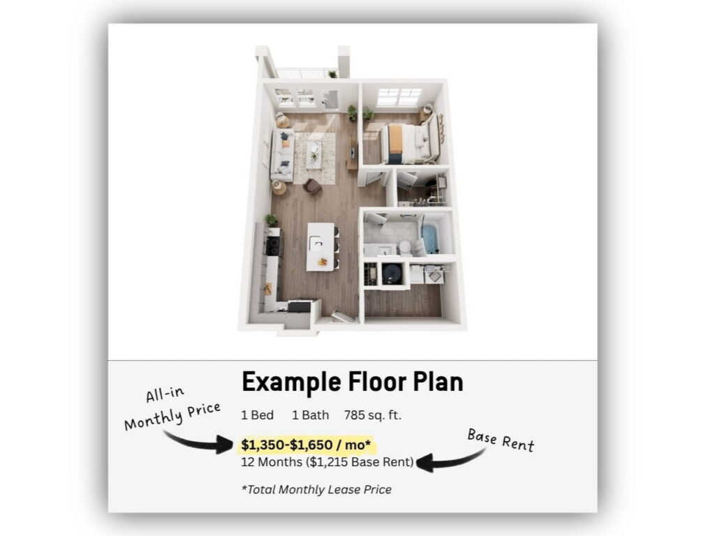 3D rendering of a one-bedroom, one-bathroom apartment floor plan, 785 sq. ft., with labeled pricing details below showing base rent and total monthly lease price. Explore The Juliette Floor Plans for Your Dream Home and discover the perfect blend of comfort and style in every detail.